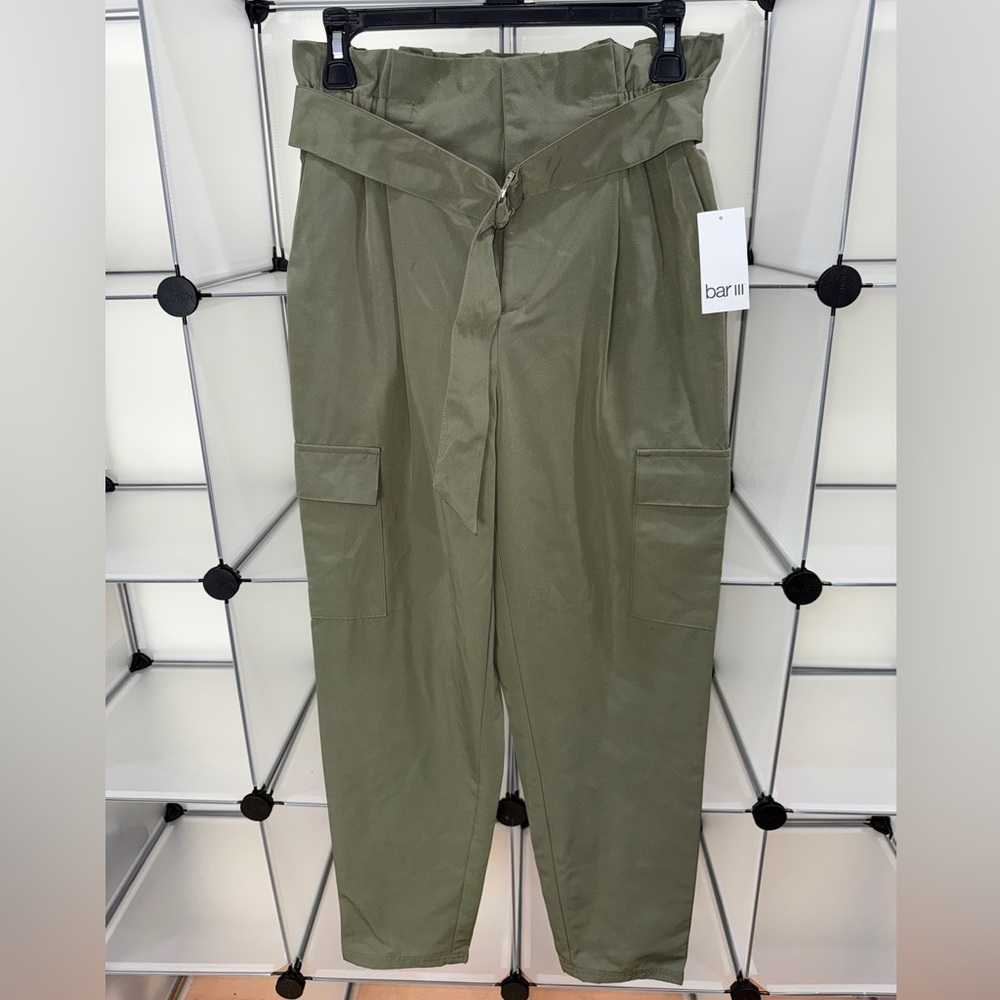Bar III Women's Belted Paper Bag High Waist Cargo Pants Dusty Olive Size XS